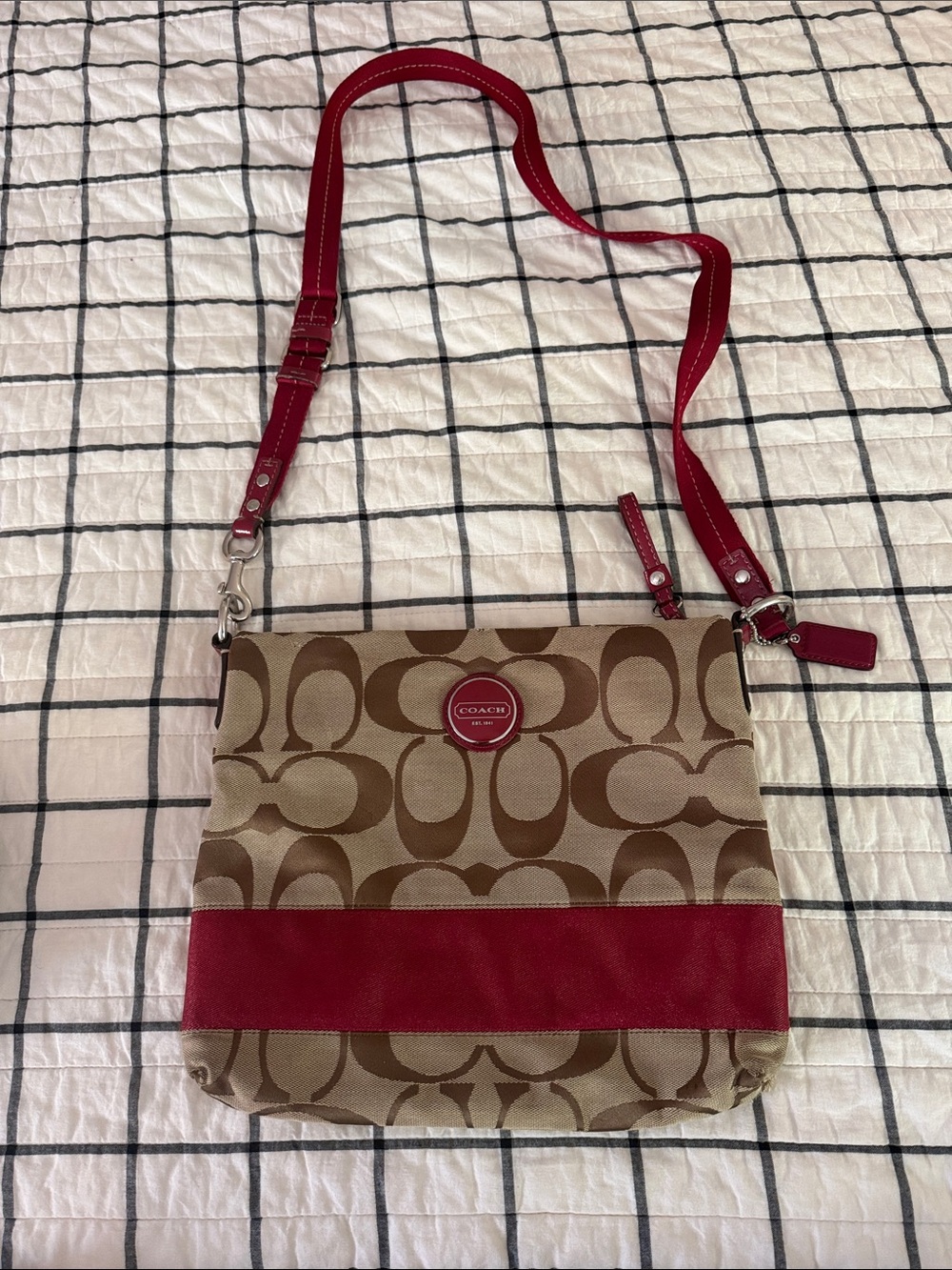 Coach Khaki Signature Crossbody with Red Trim